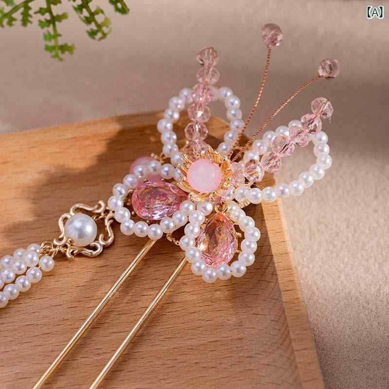 ヘアアクセサリー レディース 髪飾り レトロ 中国風 漢服 蝶モチーフ ピンククリスタル 華やか 合金製 ..