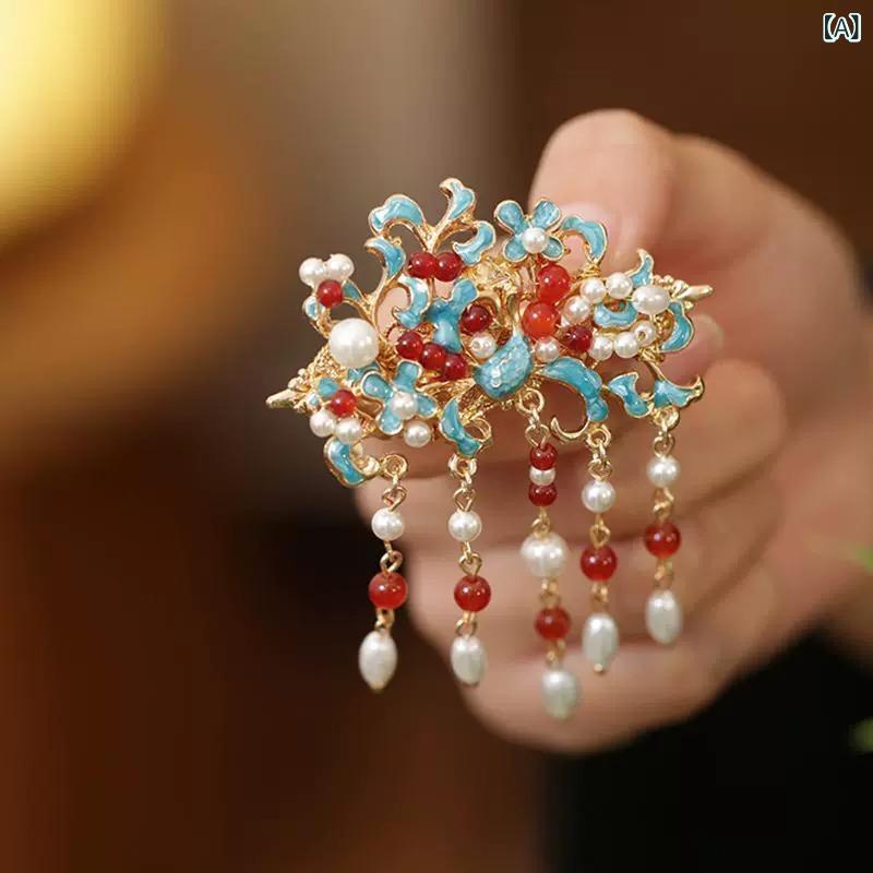 ヘアアクセサリー レディース 新中国風 国潮スタイル 文芸レトロ パール パール タッセル 房飾り 髪飾り ヘアクリップ サイドクリップ ..