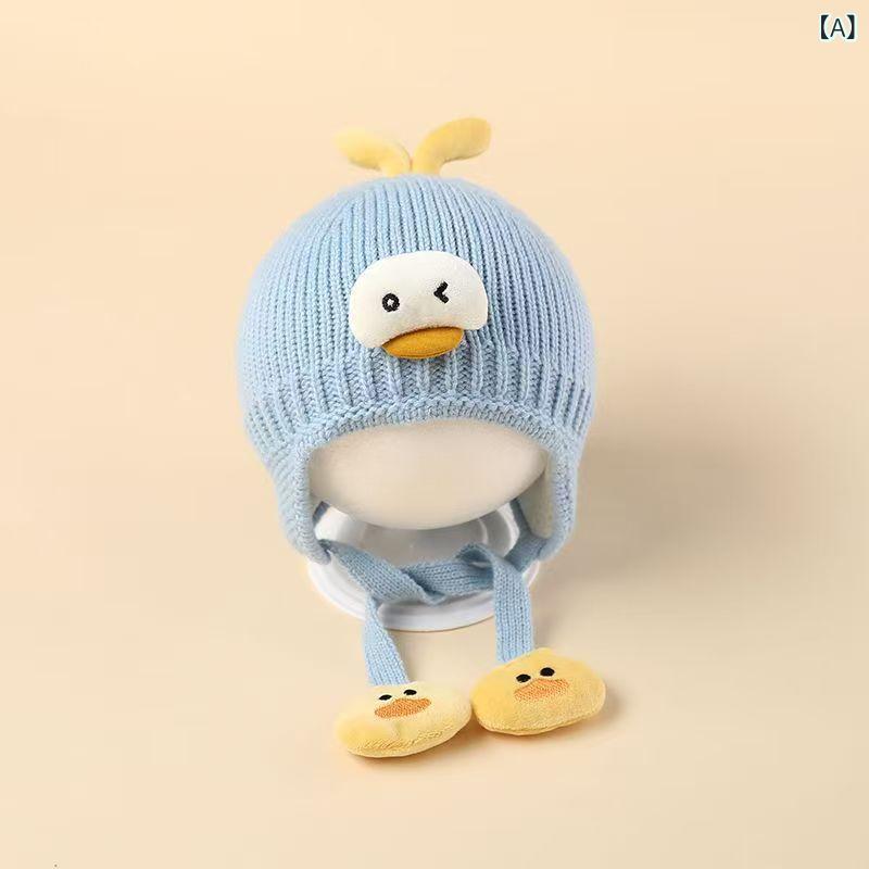 帽子 ベビー 男の子 女の子 秋冬 冬用 かわいい 新生児 乳幼児 0-12ヶ月 ニット帽 アヒルモチーフ 耳あて付き 通気性 防風 保温 コットンブレンド おしゃれ