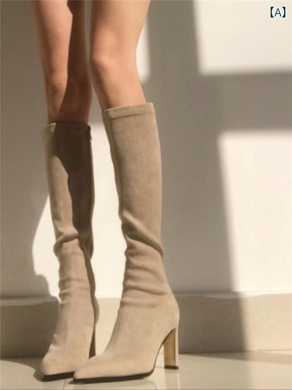 ロングブーツ レディース ヌードカラー ハイヒール 太ヒール 秋冬 スエード調 ストレッチ スリムシルエット ポインテッドトゥ サイドジップ 歩きやすい 羊革裏地 デイリーユース