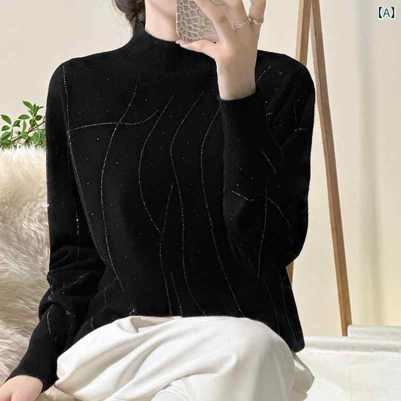 Three-Quarter Knit - ニット レディース ゆったり リラックスフィット 中厚手 長袖 モックネック プルオーバー ウール カシミヤ混 ラインストーン 切り替え 秋冬 きれいめ 通勤 オフィス トップス
