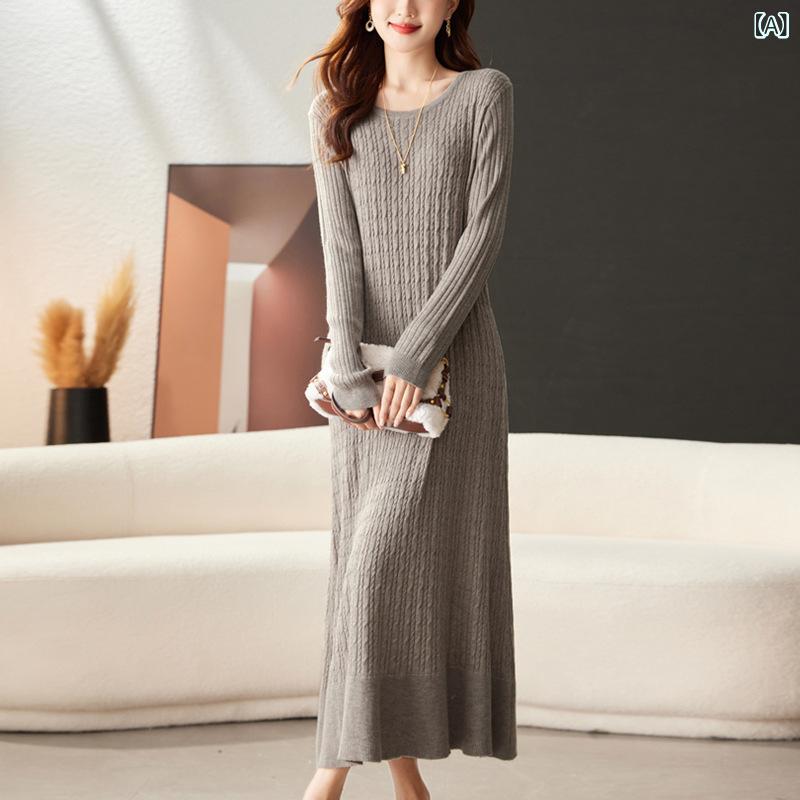 ワンピース レディース 秋冬 ロング丈 ニットワンピース インナー きれいめ カジュアル エレガント 通勤 ラウンドネック 長袖 リブ マーメイドシルエット