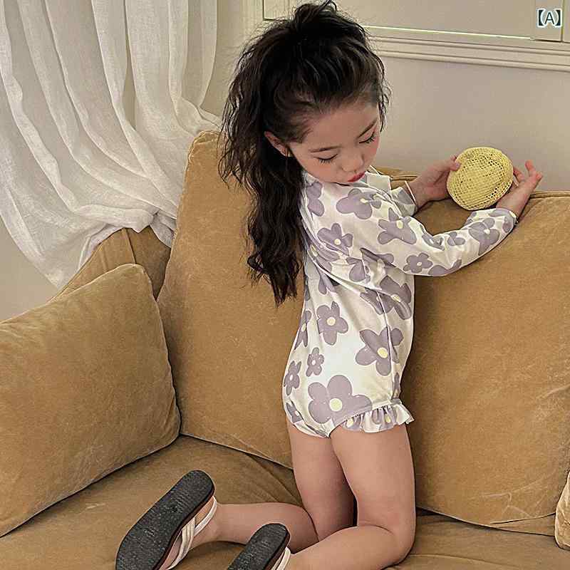 水着 女の子 キッズ ベビー 長袖 紫外線対策 ワンピース水着 子供用 花柄 かわいい プール ビーチ 海水浴 温泉 パープル
