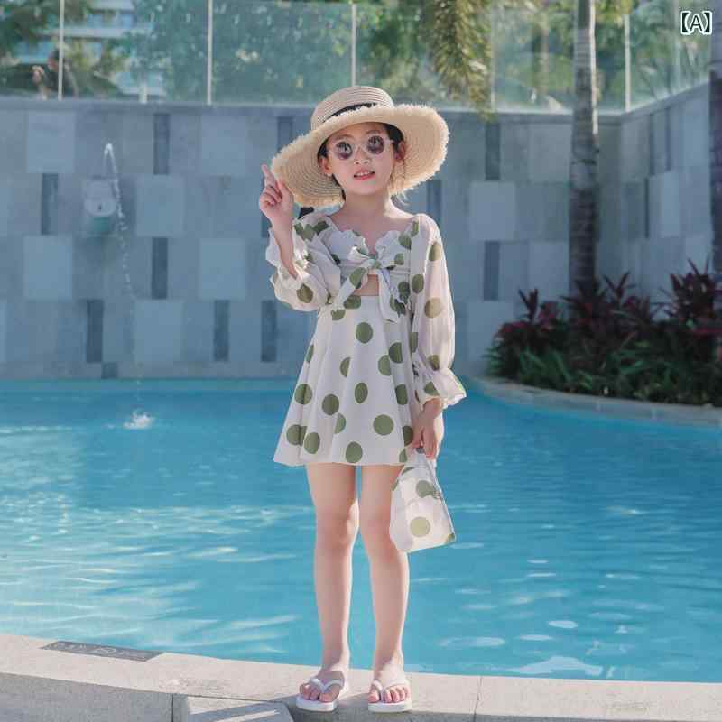 水着 レディース キッズ ペアルック 親子セット 長袖 スカート風 セパレート 体型カバー ぽっちゃり 露出控えめ ドット柄 温泉 海 プール かわいい