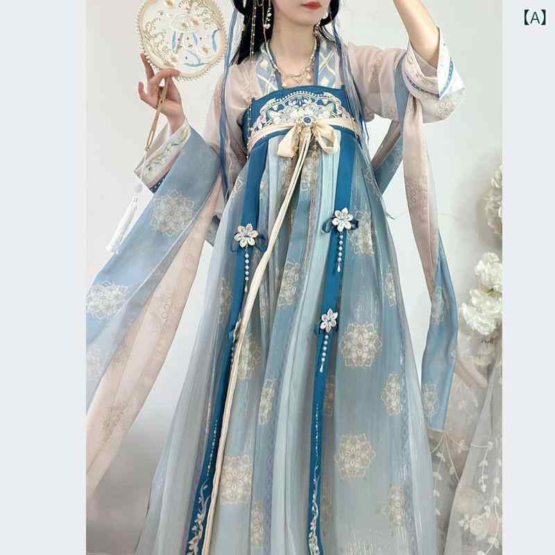 ・カテゴリ: 漢服・主な素材: シフォン（雪紡）、再生繊維素繊維・カラー展開: ブルー、レッド・サイズ展開: S、M、L、XL・技術: グラデーション染め・デザイン要素: 手描き風ペイント