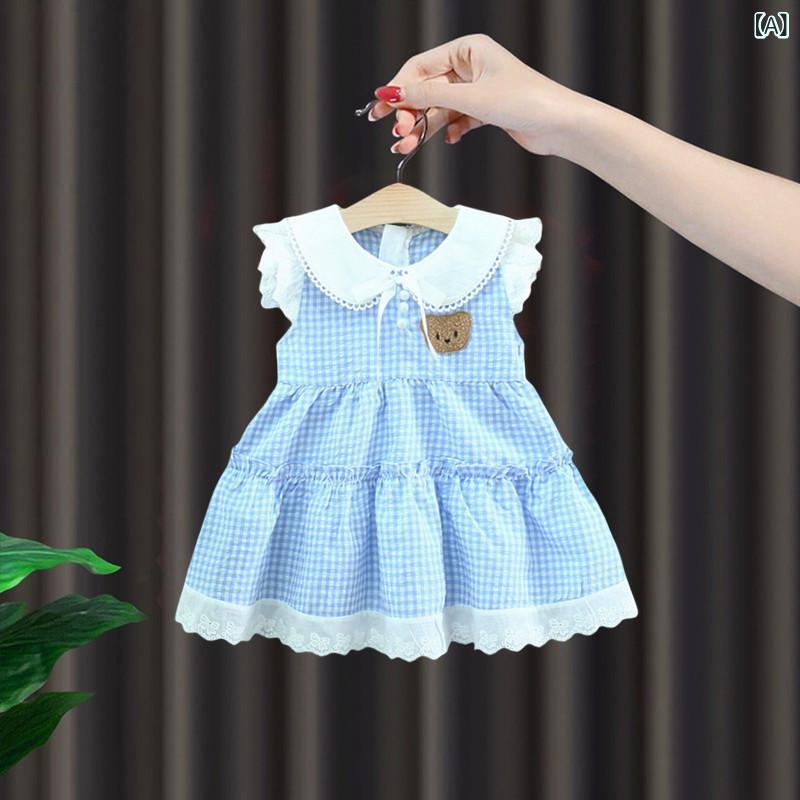 女児 ワンピース プリンセスドレス かわいい 韓版 春秋 短袖 純色 格子柄 ベアプリント ブルー 80cm 90cm 100cm 110cm 120cm ベビー 幼児 トップス スカートセット 普段使い 軽やか 通気性 肌触り良