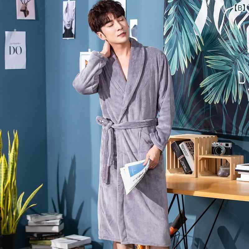 narukiのバスローブ 男女兼用 カップル ペア フランネル サンゴフリース 厚手 ポリエステル ホテル仕様 ロング丈 Vネック ルームウェア ナイトウェア 湯上がり着 暖かい 秋冬 ホワイト｜アングル2