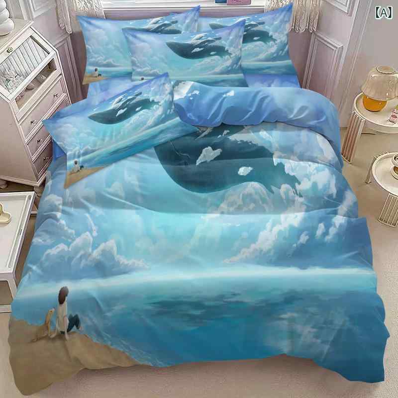 寝具 イルカ柄 海柄 マリン柄 デジタルプリント 掛け布団カバー 枕カバー ピローケース 3点セット ポリ..