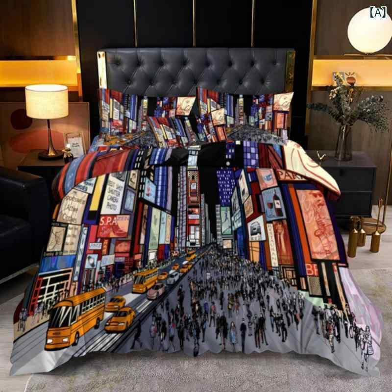 寝具 掛け布団カバー 枕カバー 3点セット デジタルプリント 都会的 シティビュー ピーチスキン加工 平織り ポリエステル ラグジュアリー 上質 快適 肌触り