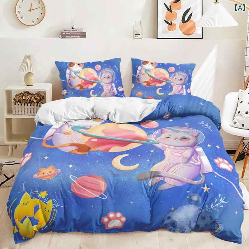 寝具 ペット用 猫柄 かわいい キュート 掛け布団カバー 枕カバー 3点セット 花柄 マルチカラー デジタルプリント ピーチスキン加工 ポリエステル おしゃれ 快適