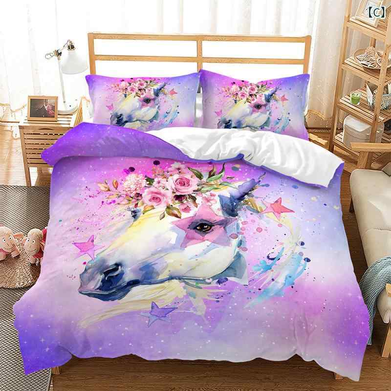 寝具 キッズ レインボー 星柄 ユニコーン 3Dデジタルプリント 布団カバーセット 3点セット ポリエステル ピーチスキン加工 丸洗いOK かわいい 子供部屋用
