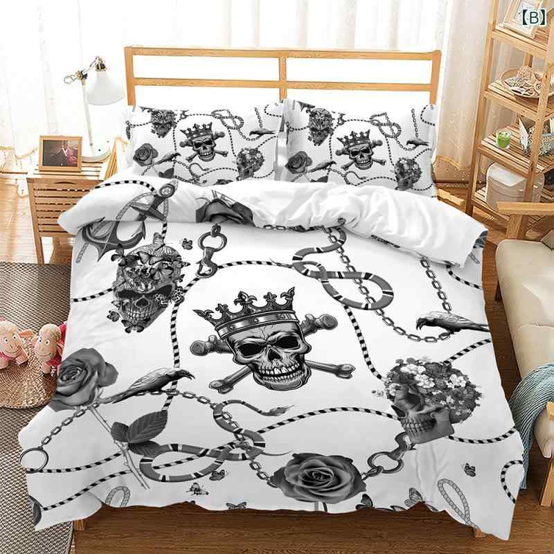 布団カバー ハロウィン ローズスカル 薔薇 髑髏柄 3Dプリント 3点セット 人気 ポリエステル マイクロファイバー おしゃれ 寝具セット シングル セミダブル ダブル 秋冬用 ベッドルーム 2