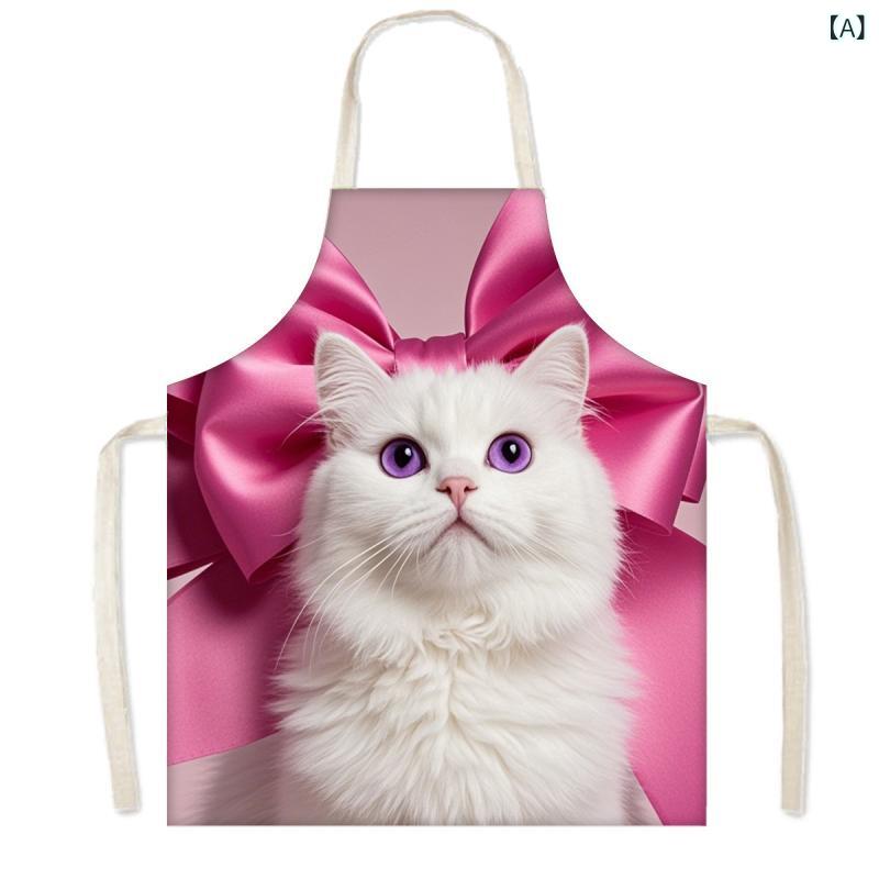 無袖エプロン レディース かわいい猫柄 ホワイト 防汚 防泼水 ハンギングネック 居家用 キッチン用 洗濯機可 ポリエステル 薄手 厚手 綿麻風 フランネル 均码 無地 花柄 カートゥーン柄 美式カントリー 日常使い 料理用