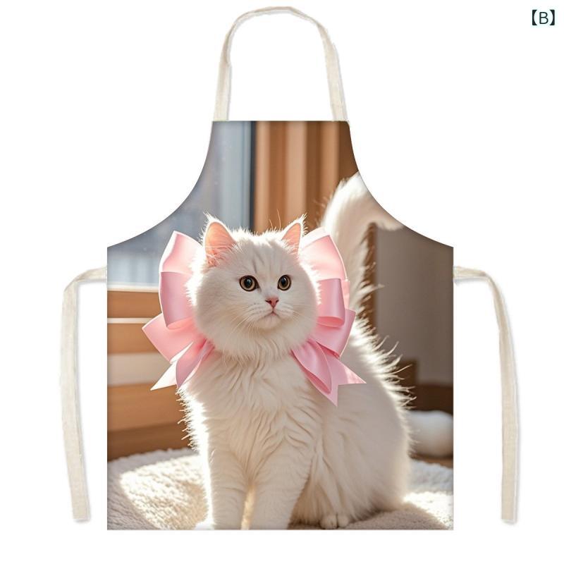 無袖エプロン レディース かわいい猫柄 ホワイト 防汚 防泼水 ハンギングネック 居家用 キッチン用 洗濯機可 ポリエステル 薄手 厚手 綿麻風 フランネル 均码 無地 花柄 カートゥーン柄 美式カントリー 日常使い 料理用 2
