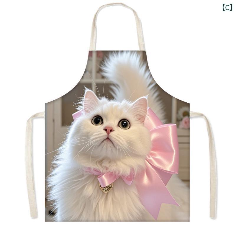 無袖エプロン レディース かわいい猫柄 ホワイト 防汚 防泼水 ハンギングネック 居家用 キッチン用 洗濯機可 ポリエステル 薄手 厚手 綿麻風 フランネル 均码 無地 花柄 カートゥーン柄 美式カントリー 日常使い 料理用 3