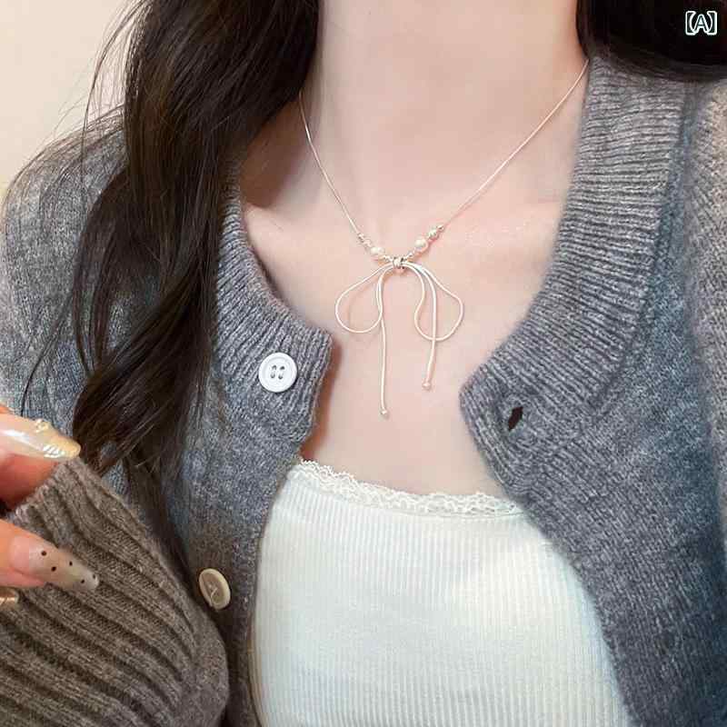 Rakuten - ネックレス 男女兼用 蝶結 蛇骨チェーン 軽量 電気メッキ加工 鎖骨チェーン かわいい 韓流 春夏 清新 スイート アクセサリー シンプル デザイン