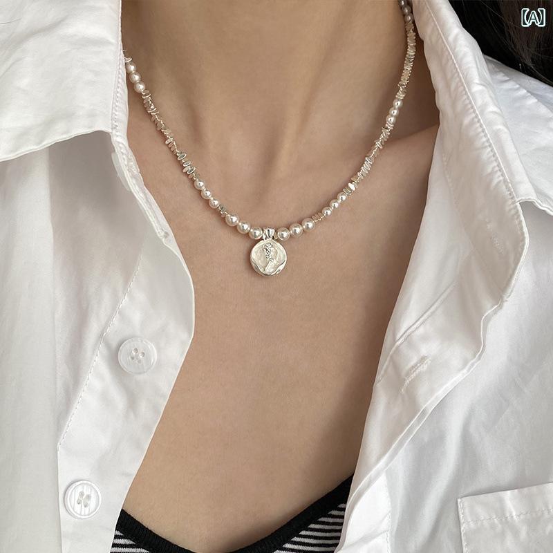 Rakuten - ネックレス ユニセックス 925銀 バラ花モチーフ ドロップ釉加工 珍珠 丸珠チェーン 多層 吊り下げ 復古 不規則 銀屑 植物 花柄 冬 2025 手作り 江苏産