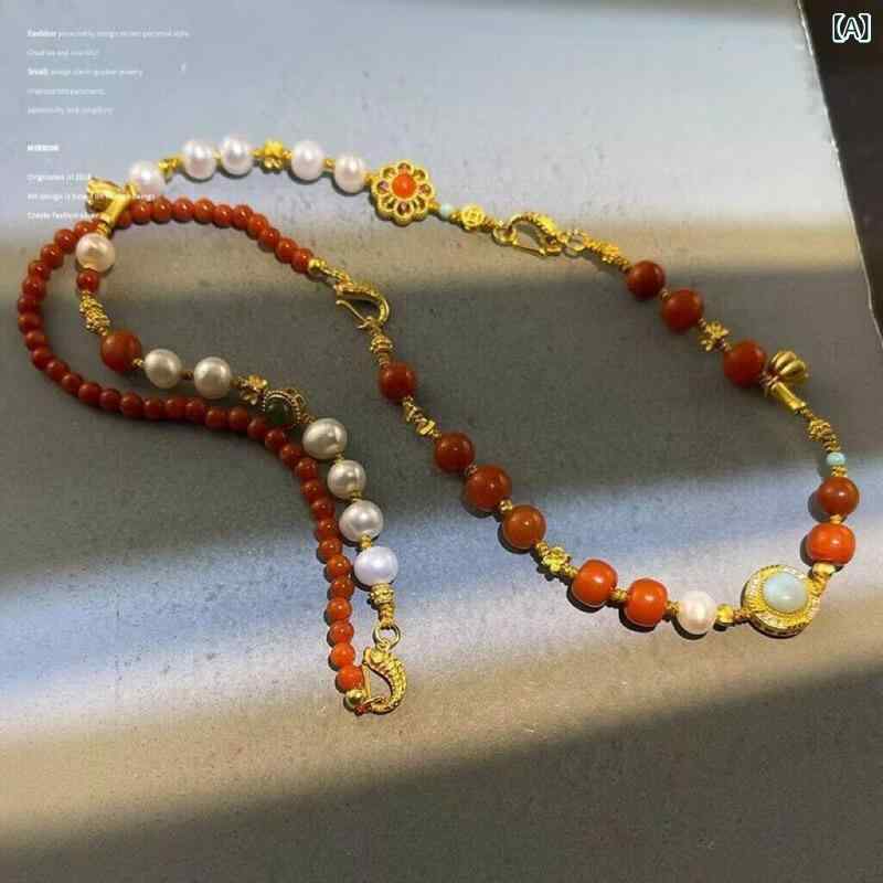 SWAROVSKI - ネックレス レディース 民族風 鎖骨チェーン 925純銀 南紅瑙 ガーネット 母貝 パール 吊り下げ ショートチェーン 手作り 冬 秋冬 扇子モチーフ 国風 女性用 かわいい アクセサリー 普段使い 軽量