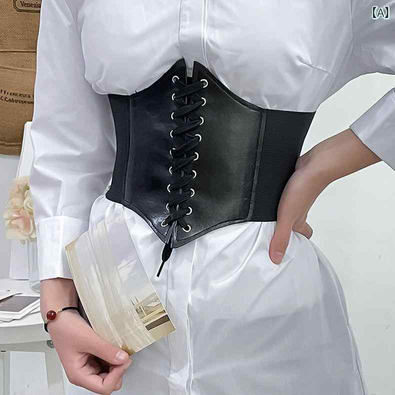 腰封 女性用 コルセット 外穿 タイト 宮廷風 コスプレ ウエストニッパー バンド スカート シャツ ワンピース 外し スリム 効果 PU 素材 リボン 装飾 ブラック ブラウン キャメル レッド 通年 百搭 スタイル 軽量 伸縮性