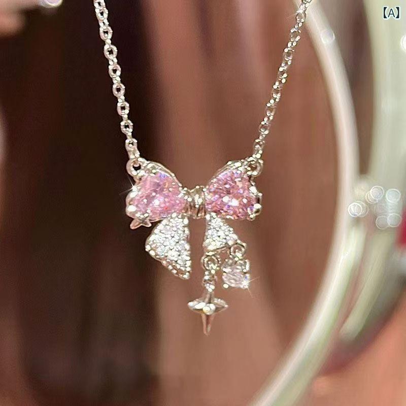 Rhodolite - ネックレス 女性用 かわいい ピンク 星芒 蝶結 ハート 鎖骨チェーン 花柄 動物モチーフ 珍珠チェーン 合金素材 清新 甘め 軽量 通勤 普段使い 春夏