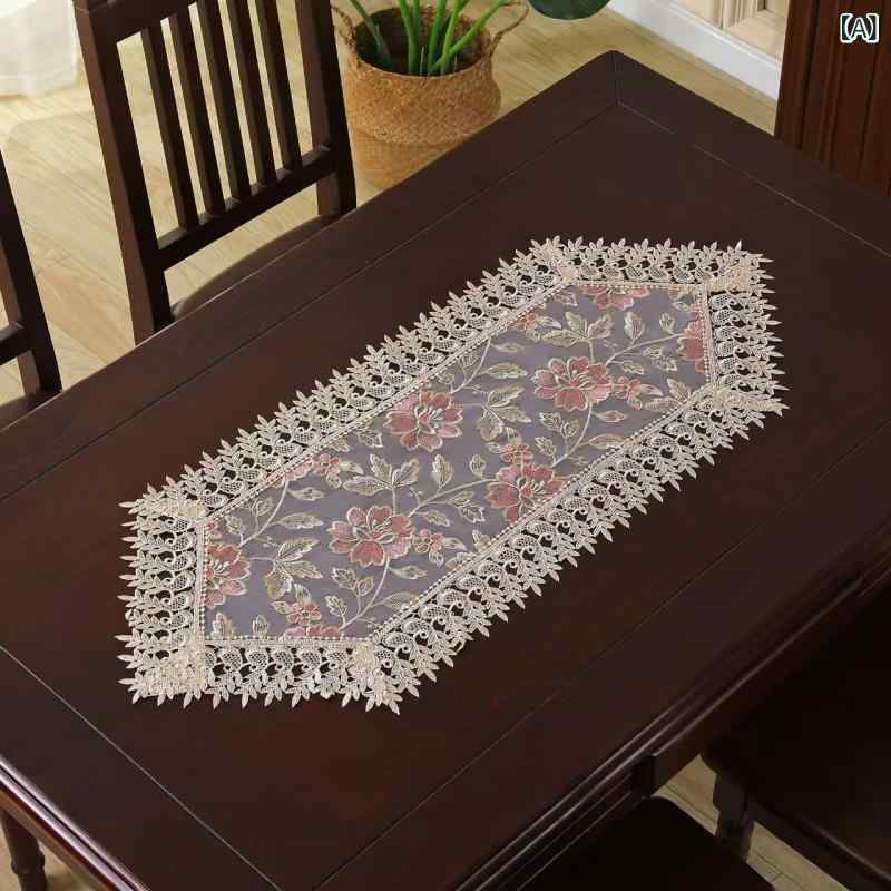 Table Runners - テーブルクロス アメリカンスタイル レース刺繍 軽奢 高級感 半透明 長条 布製 テレビ台 茶几 蓋巾 ポリエステル コットン風 ローズフラワー カラー ピンク系 ベージュ系 かわいい 花柄 刺繍柄 ナチュラル リビング ダイニング 普段使い 室内装飾