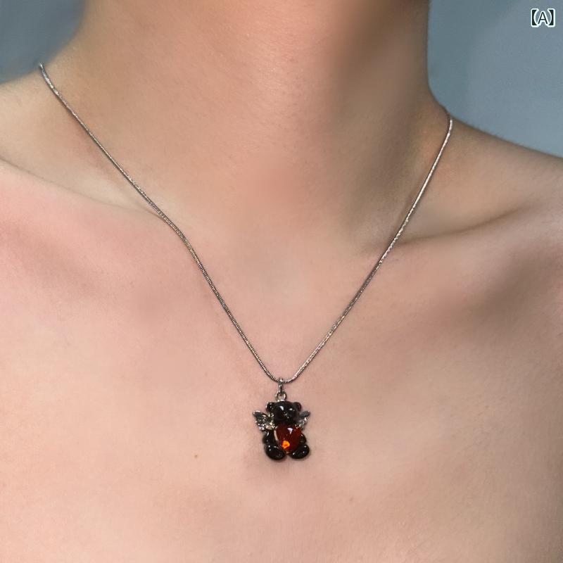 Cubic Zirconia - ネックレス レイヤード ハート ベア ダブルチェーン 鎖骨チェーン ゴシック ヒップホップ 個性派 動物モチーフ 合金製 電気メッキ加工 混合宝石 細チェーン 黒水晶 赤ベア ウィング 51-60cm