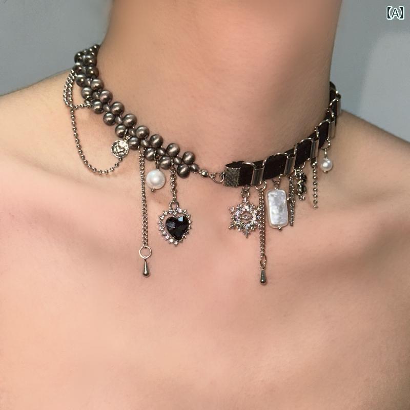 Beads - ネックレス 女性用 ハート型 ジルコニア 切り替え チョーカー 潮かわいい 個性派 鎖骨チェーン ファッション 通勤 軽量 合金 電気メッキ加工 春季 トレンド
