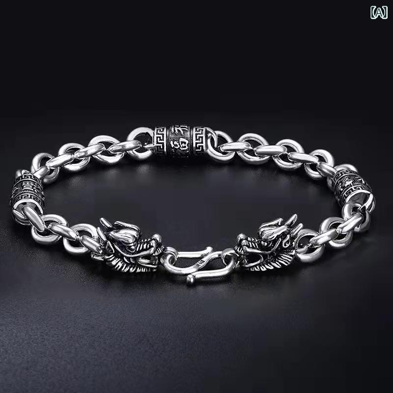 Other , Materials - メンズ 手链 シルバーメッキ 龍頭 六字真言 復古 リング 連動 幾何型 男女兼用 文艺風 秋冬 普段使い ラッキーアイテム シンプル 大気 高級感 個性派