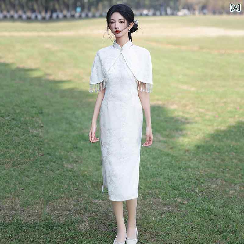 Rakuten - チャイナドレス 女性用 白色 無袖 吊り首 改良型 修身 ロング丈 中スリット レース ポリエステル 接触冷感 夏 復古 セクシー 礼服 トップス かわいい 軽量 伸縮性 春夏 ピンク系