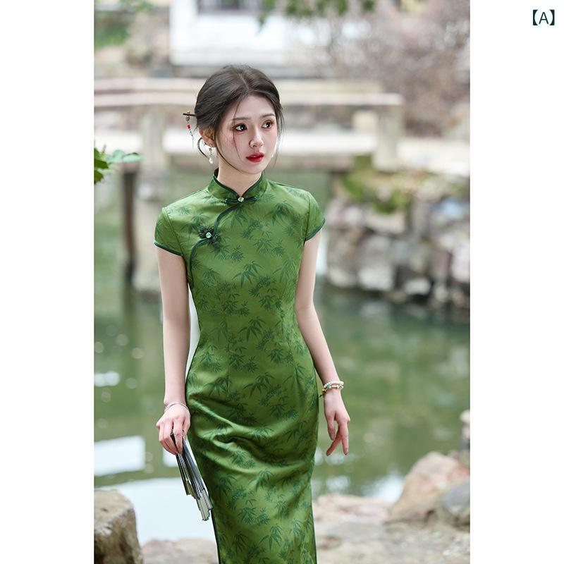 Rakuten - チャイナドレス レディース 緑 春夏 提花サテン ポリエステル ロング丈 立襟 三分袖 低開衩 修身 名媛風 私服 日常 かわいい 若い女性用 切り替え 吸湿速乾 軽量 伸縮性 通勤 普段使い カジュアル