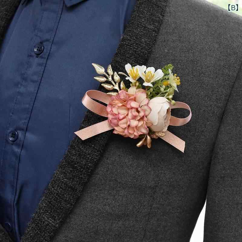 narukiの胸花 手首花 ウェディング ブーケ コサージュ 赤 香槟色 ブルー 結婚式 新郎 新婦 両親 伴郎 伴娘 コーディネート セット 装飾 アクセサリー フォーマル ウエディングパーティー ゲスト用 珍珠チェーン 付け襟 ブローチ コサージュピン 花飾り ウ｜アングル2
