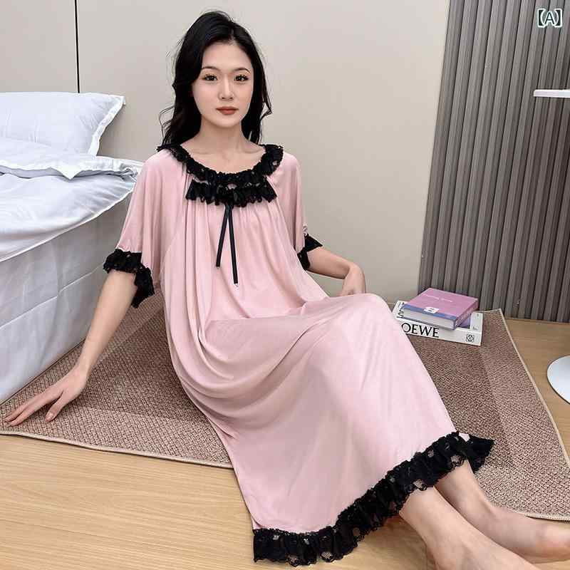 Rakuten - 春夏 ワンピース レディース 長袖 長丈 膝下丈 純色 透気性 接触冷感 再生繊維 大きいサイズ ピンク ワインレッド ブラック シンプル カジュアル 部屋着 ルームウェア かわいい 軽量 伸縮性 ラウンジウェア ホテル 外出可 睡眠着 レース トリム