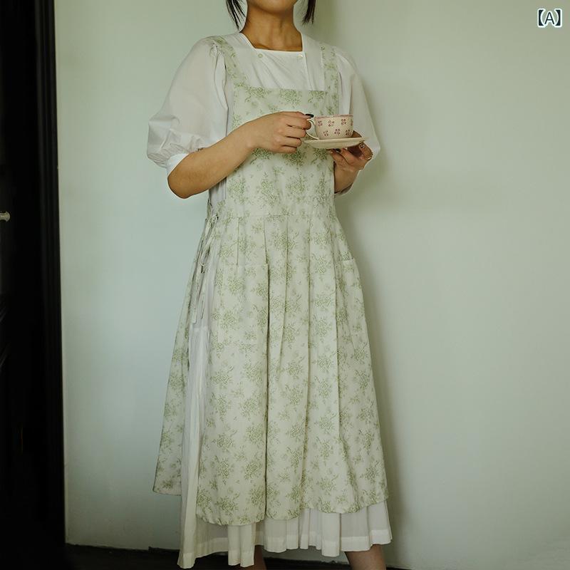 Rakuten - 無袖 女性用 围裙 全棉 防汚 韓式 花柄 花柄プリント 肩带 調節可能 加長 キッチン 調理用 家事用 米緑 米黄 浅藍 均碼 軽量 通勤 通年