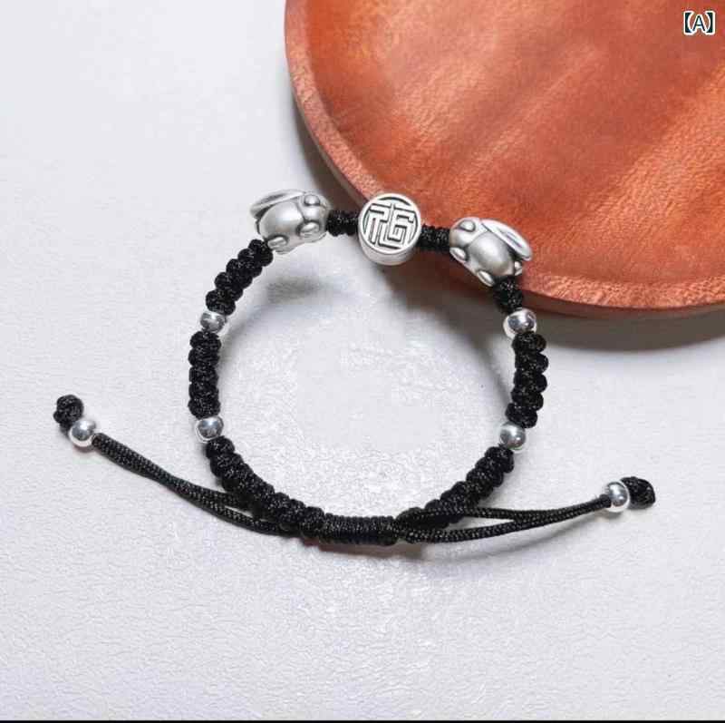 ハンドメイド 手链 メンズ レディース ユニセックス 玉兎 兎モチーフ 赤ロープ 黒ロープ 銅製 電気メッキ加工 菱形 彫刻 復古 ハンドメイド編み込み アクセサリー ブレスレット カジュアル 普段使い 旅行記念 ラッキーアイテム かわいい ユニークデザ
