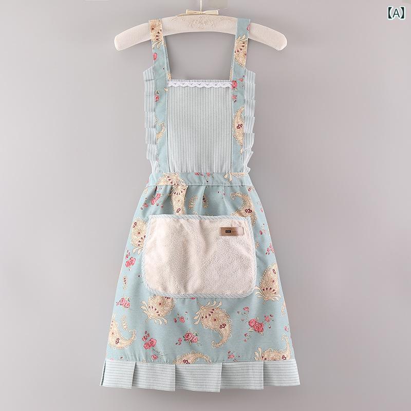Gingham Aprons - 有袖 囲裙 メンズ レディース 帆布 防汚 耐磨 透気 厨房用 家用 通勤用 作業着 韓国風 プリンセススカート デザイン 縦ストライプ ブルー ピンク グリーン 切り替え 現代 シンプル