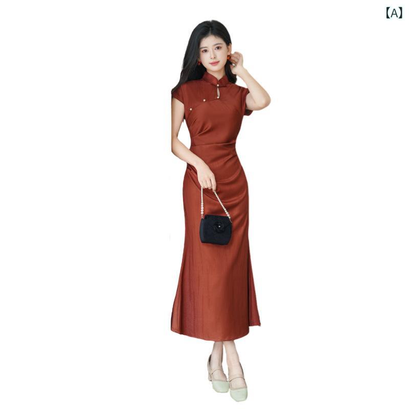 Nightwear - チャイナドレス レディース 敬酒服 改良版 中華風 結婚式 訂婚 入籍 披露宴 ドレス 赤 ロング丈 立領 斜襟 3分袖 無スリット 綾羅サテン ポリエステル 再生繊維 夏 芸術復古 女性用 連袖 中国風