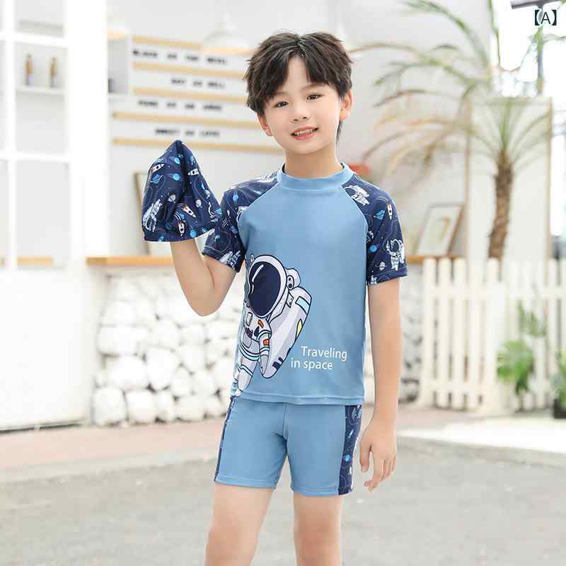 水着 キッズ 男の子 半袖 セパレート トップス スイムパンツ 帽子付き 3点セット キャラクター プリント 日焼け防止 接触冷感 吸汗速乾 伸縮性 フィットネス スイミング スクール プール ビーチ 海水浴 温泉