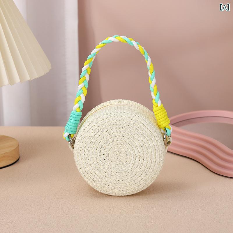 Other - ミニバッグ 女性用 草編み 手提げ ショルダー 斜めがけ 海辺 リゾート かわいい 日常使い 迷你 丸型 軽量 編み込み カラフルロープ ホワイト ベージュ ブラウン ピンク オレンジ ブルー パープル 秋 春夏