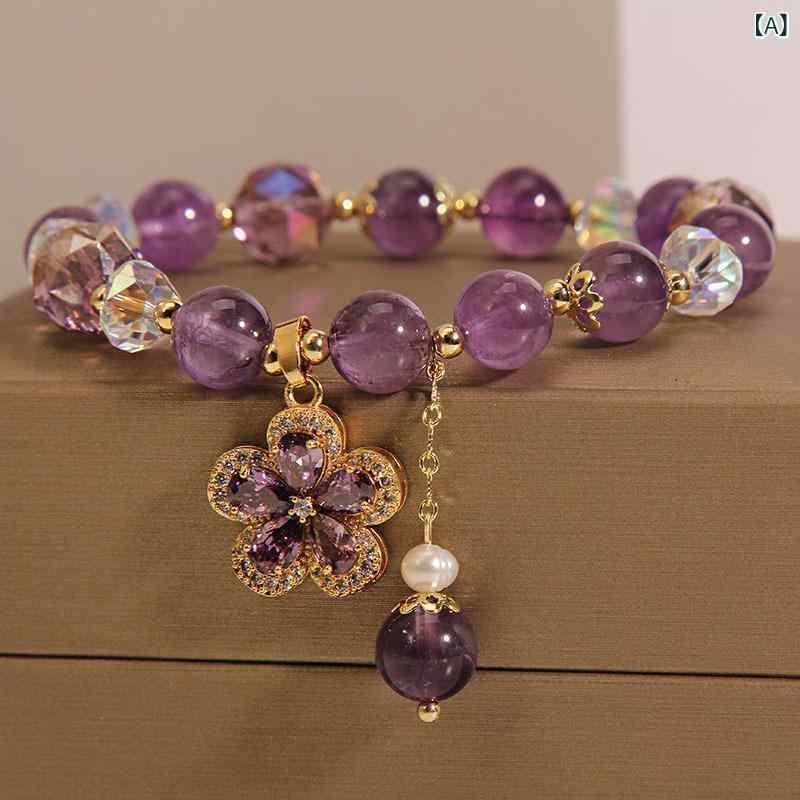 Pearl White - レディース ハンドメイド 紫水晶 ブレスレット 手首 アクセサリー 花卉 花モチーフ 吊り下げ チャーム 復古 デザイン 軽量 電気メッキ加工 加工 かわいい 清新 甘い 植物 モチーフ 夏 紫 カラー 天然石 ファッション ジュエリー 手環 手串 通勤