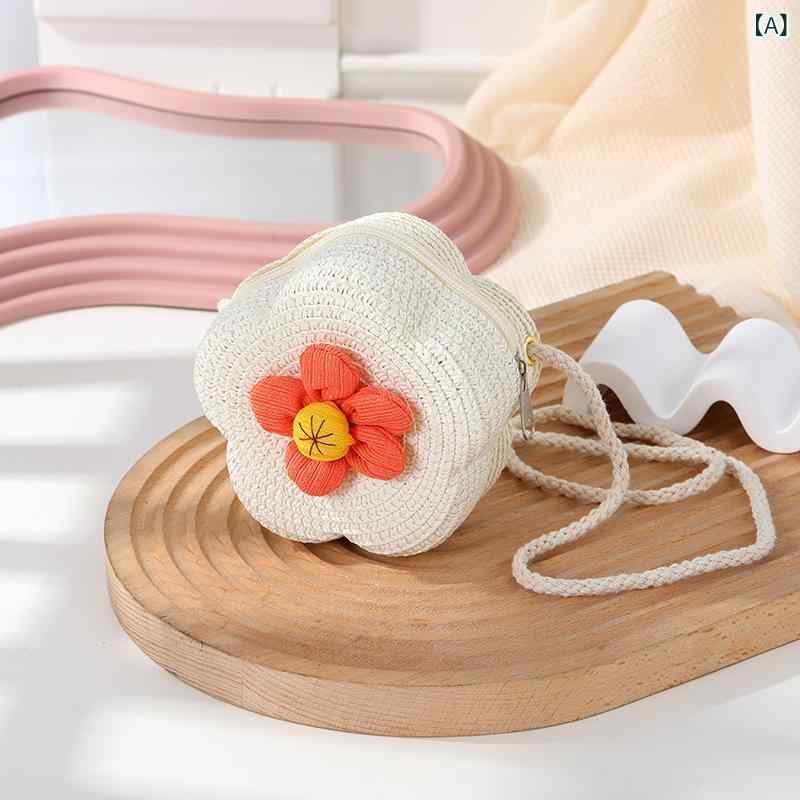 Tote Bag - 草編バッグ ユニセックス 花柄 春夏 ミニ 斜めがけ 小銭入れ かわいい 子供用 編み込み ラタン素材 日常使い 通学 旅行 リゾート 軽量 迷你 ゼロウォレット チューリップ 太陽花 レース グリッター ピンク系 ホワイト ベージュ ブラウン イエロー