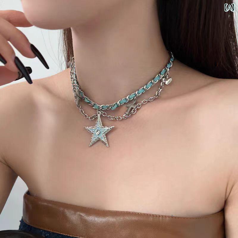 Pearl White - ネックレス 女性用 星 蝶 十字架 鎖骨チェーン 接触冷感 軽量 合金 電気メッキ加工 ファッション OL 通勤用 かわいい デザイン 高級感 ブルー 星型 動物モチーフ 切り替え チェーン 31cm〜40cm 夏 軽やか 普段使い