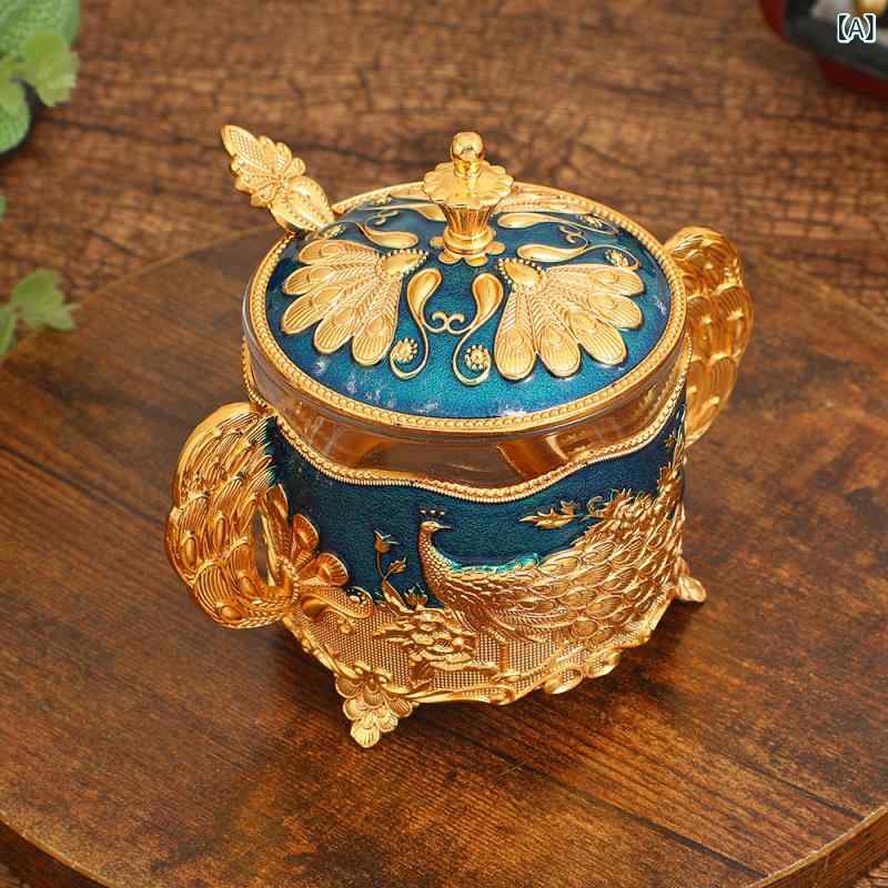 China Ornaments - 糖盅 調味料入れ キャンディジャー キッチン収納 食器 孔雀柄 透明 ブルー 白 かわいい 家庭用 固体調味料 直身 欧風 軽量 置物