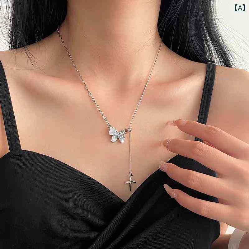 Cubic Zirconia - ネックレス 女性用 ブルー 蝶 星 吊り下げ プルチェーン 軽量 合金 電気メッキ加工 鎖骨チェーン 個性派 かわいい クール 甘め Y2K トレンド アクセサリー 夏 人気デザイン