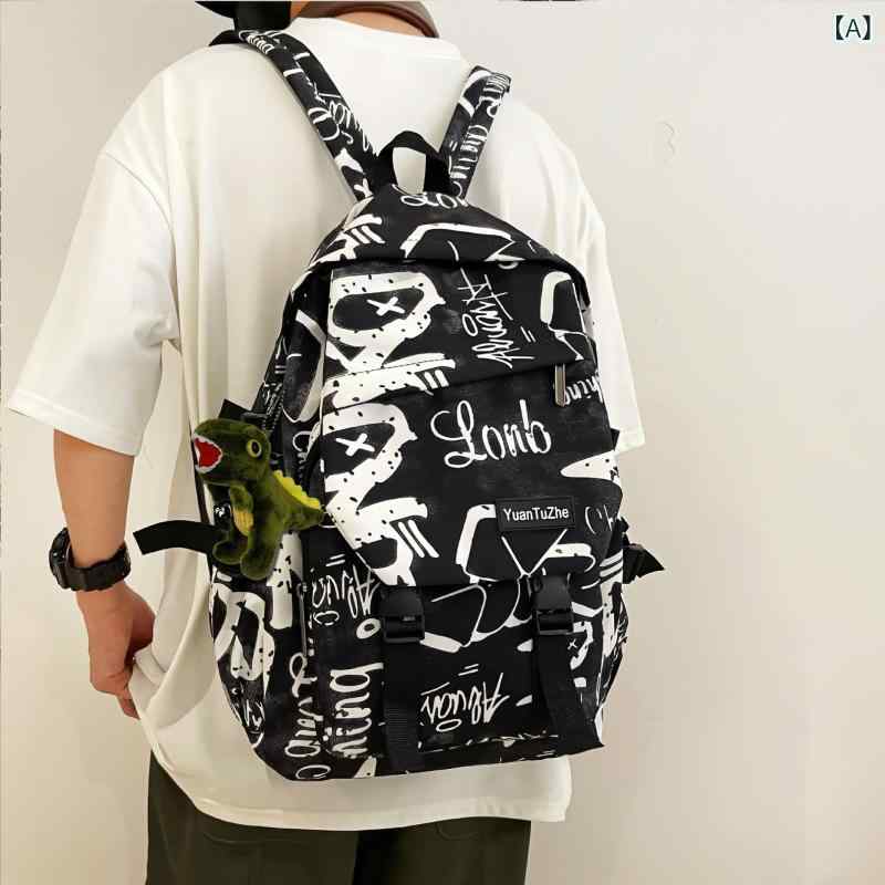 Tote Bag - メンズ リュックサック バックパック 鞄 男性用 大学生 初中生 ストリート 潮流 街頭 大容量 20-35L 15インチ ノートPC対応 牛津布 ポリエステル 裏地 気垫背帶 背骨保護 切り替え プリント カーソライン ブラック ホワイト ブルー 春季