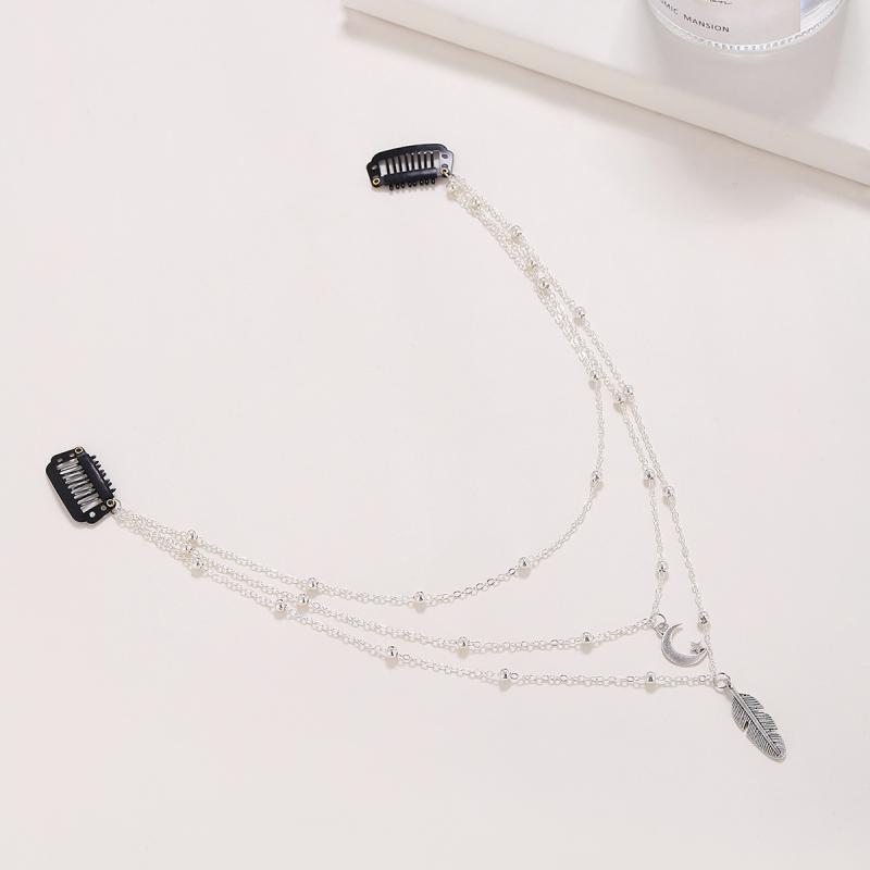 Rakuten - ヘアアクセサリー 女性用 シンプル 月 吊り下げ 額飾り 漢服風 古風 発飾 BBクリップ 銀色 金属 電気メッキ加工 音符 モチーフ ファッション 通勤 かわいい 細工 細長いチェーン 丸珠 眉心 装飾