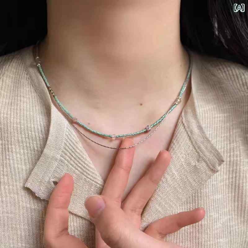 Coral Pink - ネックレス 女性用 ダブルレイヤー 米粒ビーズ 鎖骨チェーン 軽量 粉色 ブルー かわいい ファッション 普段使い レイヤード アクセサリー トレンド 華奢 ギフト シンプル