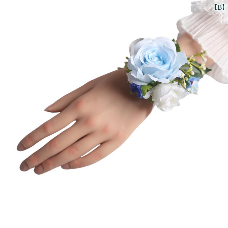 ウェディング ブライダル 胸花 手首花 新郎 伴郎 新婦 伴娘 欧式 森ガール ブルー ホワイト ローズ かすみ草 バラ 花束 コサージュ 結婚式 コーデ ハンドメイド 布製 装飾品 2