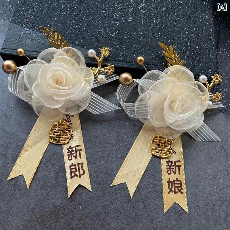 ウェディング ブローチ 胸花 コサージュ 香槟色 シャンパンカラー 酒红色 ワインレッド 桃粉色 ピーチピンク 手首花 リストフラワー コルサージュ 結婚式 花束 装飾 コーデ セット かわいい デザイン 高級感 アクセサリー