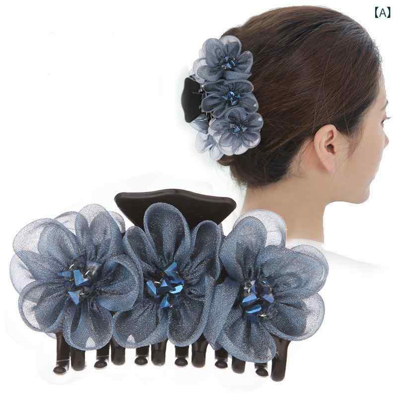 ヘアクリップ 女性用 花柄 チュール 大型 シャーククリップ 後頭部用 馬尾用 アップスタイル用 手作り 水晶装飾 海ブルー ネイビー 紫レッド ピンク系 春 韓風 清新 かわいい 頭飾 アクセサリー