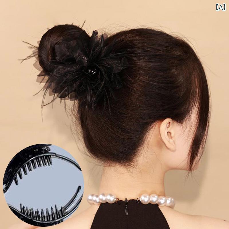 ・カテゴリ: ヘアアクセサリー・スタイル: 女性用、OLファッション、通勤・素材: 羽毛・種類: バナナクリップ、シャーククリップ・装飾: 花・カラー展開: ブラック